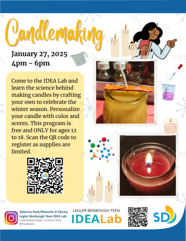 Come to the IDEA Lab January 27, 2025 from 4pm to 6pm. and learn the science behind making candles by crafting your own to celebrate the winter season. Personalize your candle with color and scents. This program is free and ONLY for ages 12 to 18.. Register here.