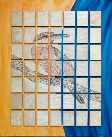 Image of a bird drawn on small squares, on a yellow and blue background.