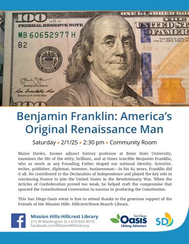 Event flyer with photo of Benjamin Franklin on the $100 bill