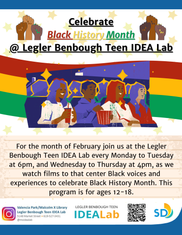 For the month of February join us at the Legler Benbough Teen IDEA Lab every Monday to Tuesday at 6pm, and Wednesday to Thursday at 4pm, as we watch films to that center Black voices and experiences to celebrate Black History Month. This program is for ages 12-18.