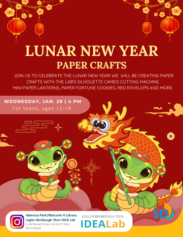 Join us to celebrate the Lunar New Year with various paper crafts, happening at the Malcolm X Library's Teen IDEA Lab on Wednesday, January 29 at 4 p.m. 