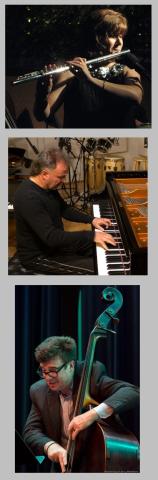 images of the musicians playing their instruments: flute, piano, double bass