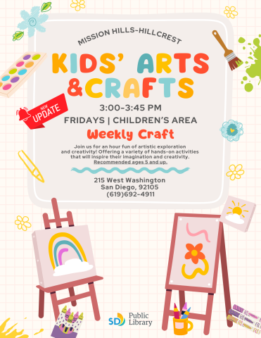 Flyer with new updated event information of Kids Arts and Crafts program