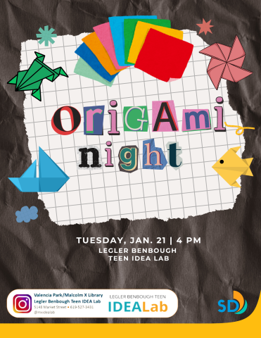 Origami paper sits in the center of a graph paper, with various origami shapes all around. The event is happening Tuesday, January 21st at 4 pm.   