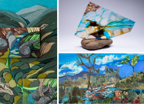 Digital collage of mixed media artwork by artists from the San Diego River Artists’ Alliance.