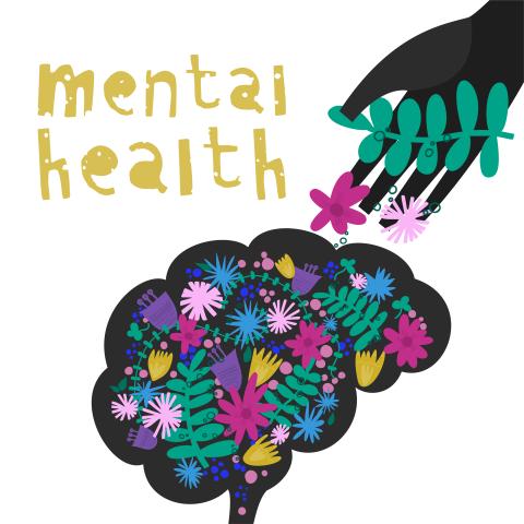 Illustration of a hand putting flowers into a flower-filled brain with the words "mental health" above