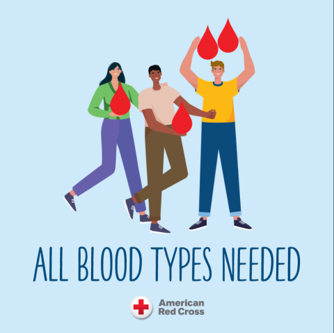 people holding up large drops of blood "All blood types needed" American Red Cross logo below