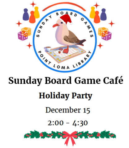 Features a cartoon seagull, in a Santa hat, standing on board games surrounded by the logos of a few modern board games such as Settlers of Catan and Wingspan