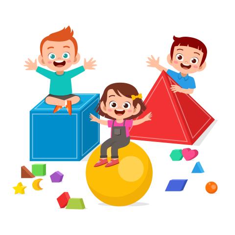 3 children sit on brightly colored shapes, blue square, red triangle, yellow ball