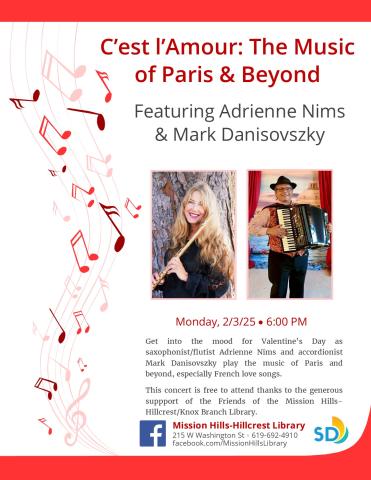 Flyer with event details and photos of Adrienne Nims with Flute and Mark Danisovszky with accordion