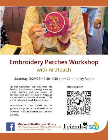 Flyer with event details and photo of woman holding embroidered patch