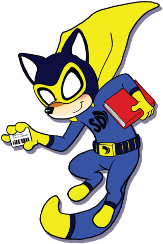 Super hero ODI the Coyote in blue suit and yellow cape.