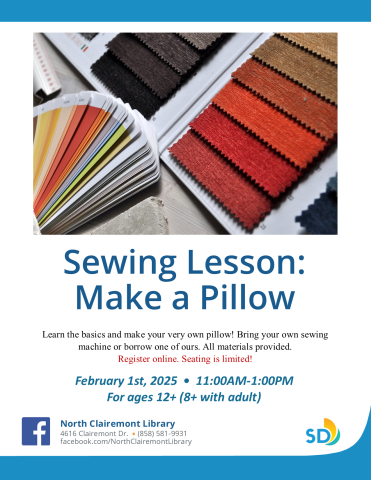 Learn the basics and make your very own pillow! Bring your own sewing machine or borrow one of ours. All materials provided.  Register online. Seating is limited!