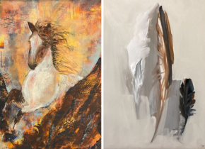 Image of two oil painting, one of a horse, the other of a group of feathers by artists Reva Sandmeyer & Page Ginns.