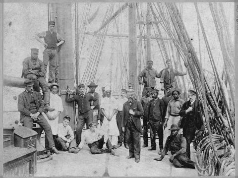 Image credits: Officers, apprentices, and crew of the sailing ship Rathdown photographed in San Francisco after completing a six-month voyage around Cape Horn from Belfast, c. 1892. Miriam Matthews Collection, UCLA. From left to right, Grace Williams, Albert Williams, Mary Mingleton, Willie Williams (no relation) in the segregated section of Santa Monica beach pejoratively known as the Inkwell, 1926. Shades of L.A. Photo Collection, Los Angeles Public Library.