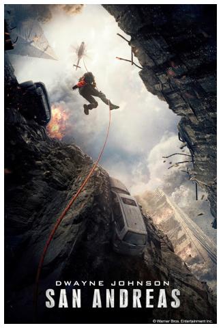 Photograph of a man (Dwayne Johnson) sliding down a rope attached to a helicopter in an attempted rescue during an earthquake. The city is in ruins as small fires burn all around. Also pictured is a person in a car stuck on a jagged opening caused by the earthquake, waiting to be rescued.