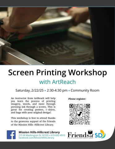 Flyer with event details and photo of man doing screen printing