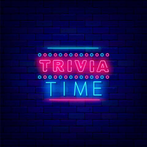 Trivia Time in pink and blue neon with a dark blue brick wall background