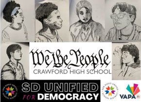 Images of student self=portraits surrounding the words "We the People. Crawford High School."