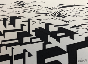 Image an abstract black and white city scape by artist William Propp.