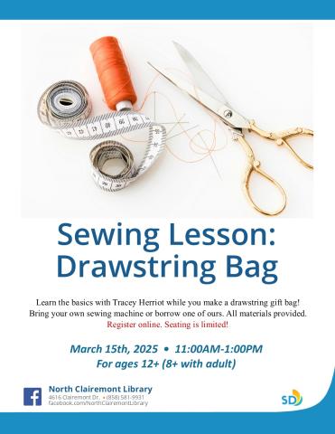 Learn the basics with Tracey Herriot while you make a drawstring gift bag! Bring your own sewing machine or borrow one of ours. All materials provided. 
