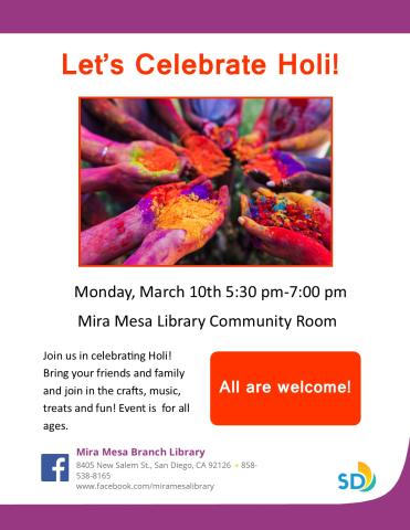 Event flyer showing people's hands together with colored powder all over them