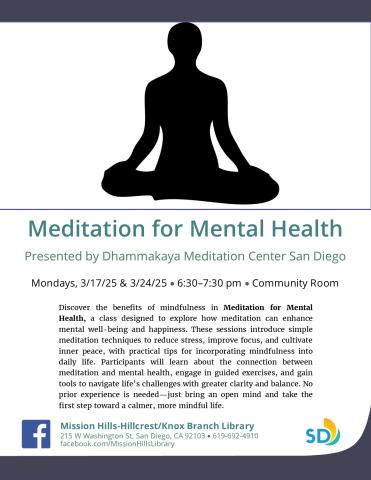 Flyer with event details and image of person meditating while sitting