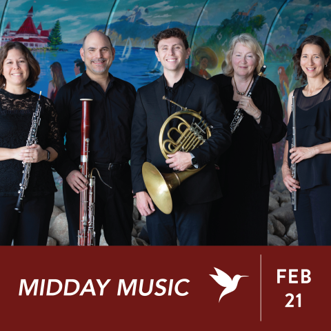 Art of Elan, San Diego Public Library, Library Foundation SD logos. Text: Featuring Presidio Winds. Midday Music. Feb 21. San Diego Central Library. Photo of the members holding their instruments—female oboist, male basoonist, male french hornist, female clarinetist, female flautist