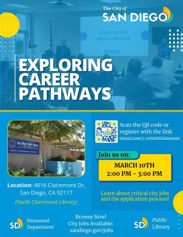 Learn about critical city jobs and the application process! Register at tinyurl.com/3-10NorthClairemont 