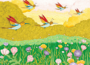 Alt Text: Image 5 “hummingflies” flying in the sky above a blooming flower field by artist Adelyn Chan.