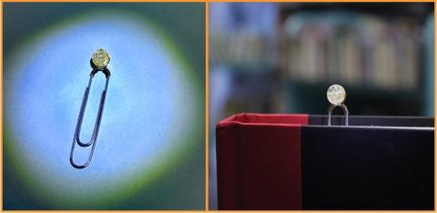 Close-up photo of a beaded paperclip bookmark, next to a photo of one in a book