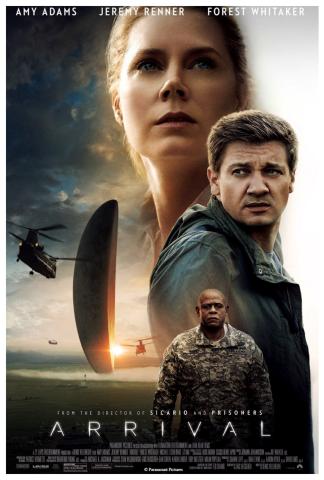 Photograph of a woman, (Amy Adams), and two men, (Jeremy Renner and Forrest Whitaker), in the foreground, with three military helicopters and a vertical standing spaceship in the background.