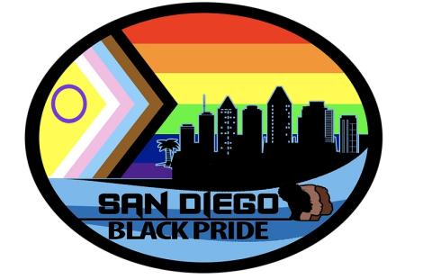 A progress rainbow flag and the San Diego City Landscape sits on the water front.