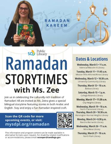 Flyer with event details, photo of Ms. Zeina holding book, lanterns, crescent, and stars