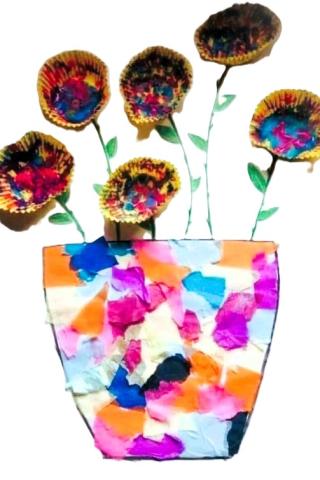 Colored tissue paper glued to paper to create a vase of flowers
