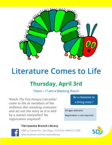 Flyer with image of Eric Carle's Very Hungry Caterpillar