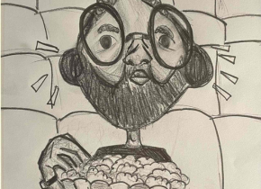 Image of a hand-drawn caricature of a man sitting in a movie theater eating popcorn by artist Ben Cayetano.