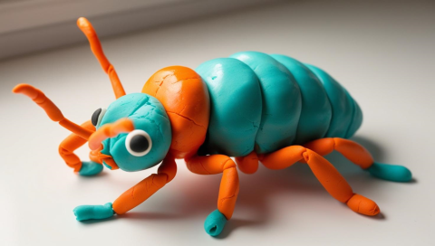 Blue and orange insect molded out of clay