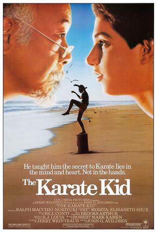 Background picture of the ocean and beach with the profiles of Mr. Miyagi and Daniel in the foreground.
