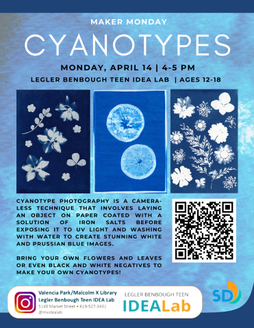 Join us for cyanotypes, on Monday, April 14 at 4 pm. Bring your own flowers and leaves.  