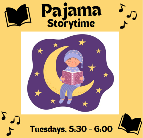 boy in pajamas reads a book sitting on a crescent moon, "Pajama storytime, Tuesdays 5:30-6:00"