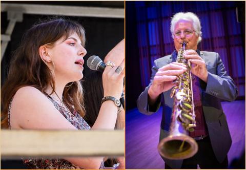 Photos of a woman singing into a microphone and a man playing a clarinet