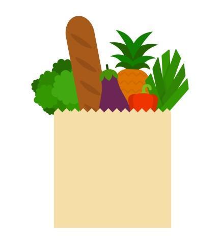 Artistic rendition of a paper grocery bag full of fruit, vegetables, and a baguette  