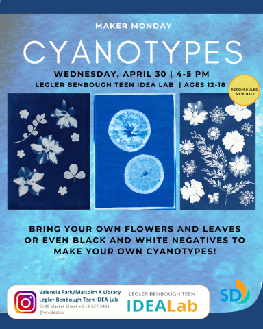 Join us for cyanotypes, Wednesday, April 30 at 4 pm. Bring your own flowers and leaves.  