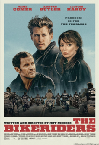 Small photograph of a motorcycle club in the foreground with a large picture of two men and a woman wearing black leather jackets in the background.