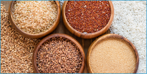 Photos of four wooden bowls filled with grains. Rice grains surround the surface around the bowls.