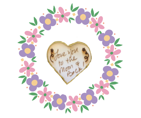 A pink and purple wreath graphic encircling a wooden magnet engraved with the words "Love you to the moon and back."
