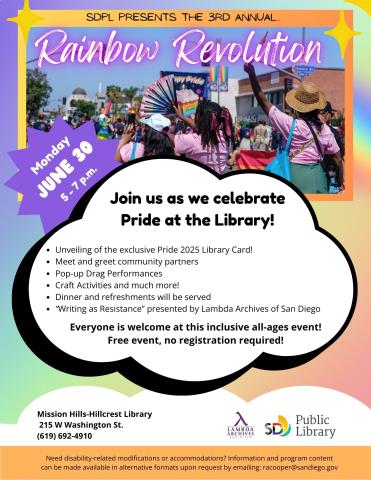 an image of a pink and orange flyer with rainbow, and a group marching in a pride parade.