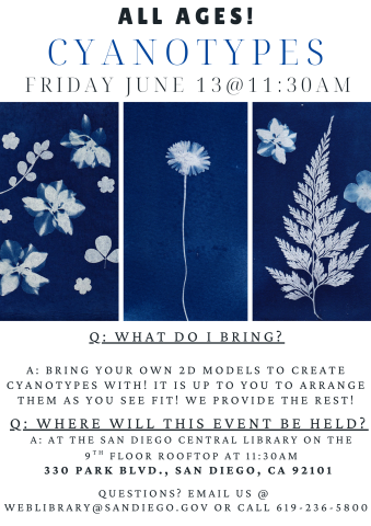 White images on a blue background