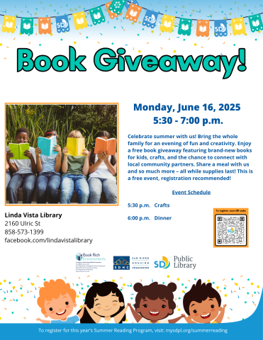 On a bright event flyer, children are reading different colored books.